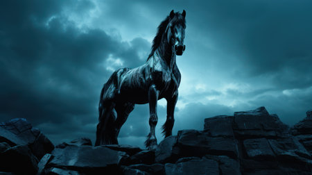 A powerful black horse is featured, silhouetted against a cloudy, moody sky. The composition emphasizes the animal's strong physique and posture. Tonal variations create depth within the image. This visual is suitable for a variety of projects, potentially including advertising or artistic purposes.の素材