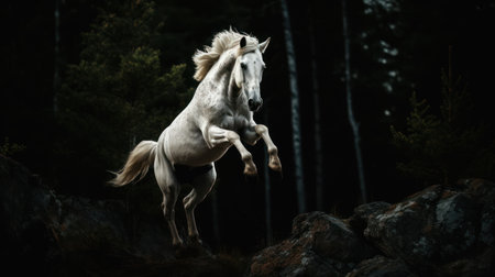A white horse is captured rearing up, showcasing strength and grace against a darkened forest backdrop. The image features dramatic lighting that highlights the horse's form. This composition could be used in various commercial applications, including advertising and editorial content.の素材
