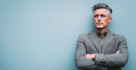 A middle-aged man stands with arms crossed, wearing a grey suit against a solid blue backdrop. The image features natural lighting and a clean, minimalist style. This portrait could be suitable for various commercial purposes, including business, lifestyle, and editorial content, conveying professionalism.の素材
