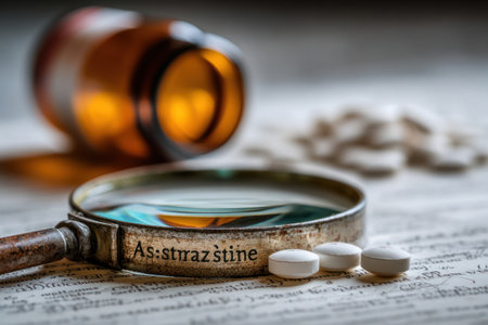 The image captures a detailed examination with a magnifying glass focused on pills next to an open bottle. Soft lighting illuminates the scene, enhancing the textures of the objects. The composition features blurred backgrounds and foregrounds. Suitable for medical, scientific, and pharmaceutical projects, it offers a visual representation of research and analysis.の素材