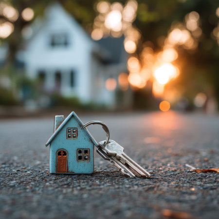 A close-up photograph features a small blue house model with keys resting on an asphalt surface. Warm light suggests an outdoor setting possibly during sunrise or sunset. The composition includes depth of field focusing on the house and keys. This image could be suitable for real estate, financial, or lifestyle content.の素材