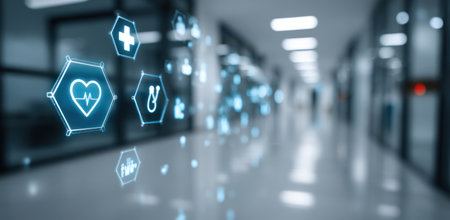This image depicts illuminated medical symbols against a blurred background of a hallway. The composition features a sense of depth and a cool color palette. The conceptual illustration could be utilized in various commercial projects within the healthcare, technology, or future medicine fields.の素材