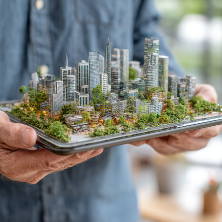 A person holds a detailed miniature city model, showcasing architectural structures and green spaces. The model is presented on a tablet, with a shallow depth of field. The scene features natural lighting and neutral tones, implying a daytime setting. Suitable for concepts related to urban planning and design.の素材