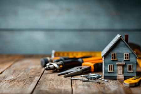 A small blue house model sits on a wooden surface surrounded by construction tools. The image displays a shallow depth of field, with soft focus on the foreground elements. Tools include a tape measure, pliers, and various hardware items, suggesting home improvement themes. This composition is suitable for illustrating concepts of renovation or property maintenance.の素材