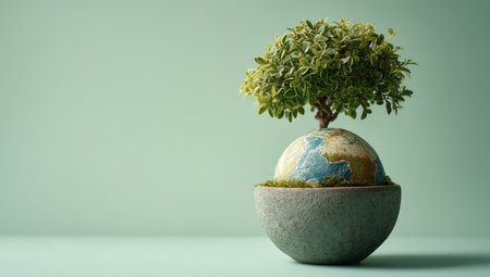 A close-up view presents a small tree growing out of a globe resting in a bowl, set against a soft green backdrop. The scene uses warm lighting to illuminate the textured elements. The composition suggests themes of growth, sustainability, and environmental responsibility, suitable for ecological or educational campaigns.の素材