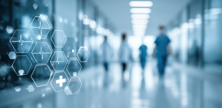 Blurred image depicts medical professionals traversing a bright hospital corridor. The scene displays a cool color palette with soft lighting and a focus on digitally rendered healthcare symbols overlaying the foreground. This visual is suitable for a wide range of medical and scientific illustrative needs.の素材