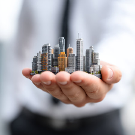 A close-up view shows a hand holding a miniature city skyline. The buildings vary in height and color. The composition uses shallow depth of field, with the foreground hand in sharp focus. The image suggests urban planning concepts and real estate opportunities for commercial purposes.の素材