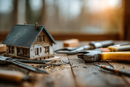 A detailed miniature house rests on a wooden table surrounded by tools. The image features a shallow depth of field, highlighting the house and instruments. Warm sunlight streams in, illuminating the scene. Suitable for illustrating construction, home improvement, or real estate concepts in commercial contexts.の素材