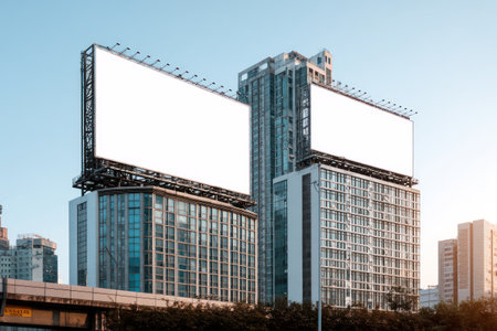 Two contemporary high-rise buildings feature large, blank billboards, offering prime advertising space. The image displays a clear blue sky, with modern architecture in a daytime setting. The scene provides ample copy space for promotional content. Suitable for commercial advertising or editorial uses.の素材