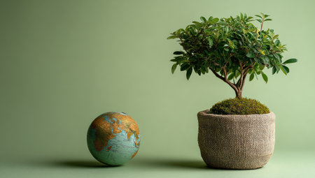 A miniature potted tree and a globe are set against a soft green background. The composition features soft lighting and a minimalist style. The image highlights a concept related to environmental care and sustainability. Suitable for use in various commercial and editorial contexts.の素材