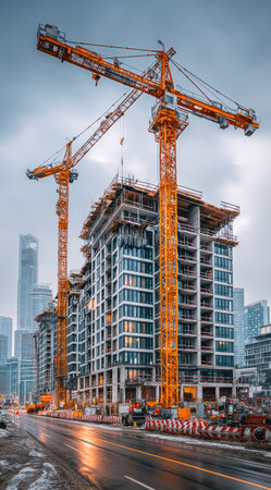 Two large construction cranes stand over a partially built skyscraper in an urban setting. The image displays a construction site with multiple buildings under development. The composition includes a road in the foreground and a cloudy sky. The photograph could be used for various commercial or editorial projects.の素材