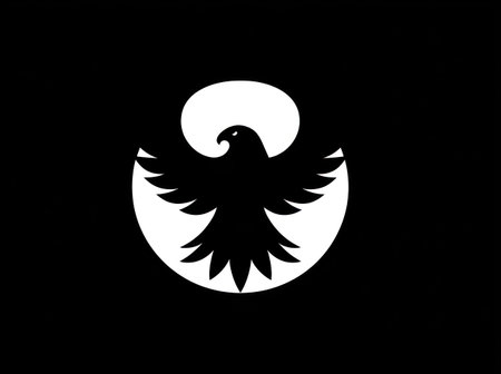 A striking black and white logo presents a stylized eagle silhouette. The design features a symmetrical composition with clean lines, possibly used for branding. The stark contrast and graphic style create a visually appealing image, appropriate for various applications in business or design projects. The composition is suitable for digital or print.の素材