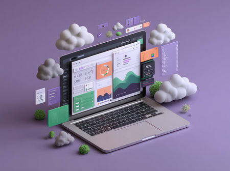 An isometric illustration depicts a laptop displaying data charts surrounded by cloud formations and interface elements. The image features a modern, clean aesthetic with a muted color palette. The composition uses bright colors and a stylized visual language. This graphic is suitable for digital marketing or web design projects.の素材