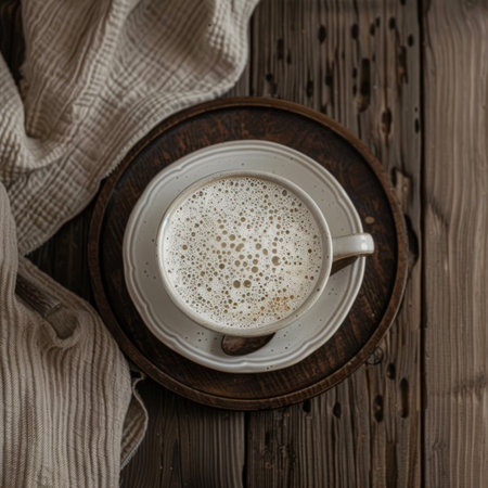 An overhead shot showcases a coffee cup with a saucer, resting on a wooden tray atop a rustic wooden table. The warm, inviting tones of the coffee and wood contrast with the softer textures of a nearby cloth. Ideal for commercial applications related to food, lifestyle, and design concepts.の素材