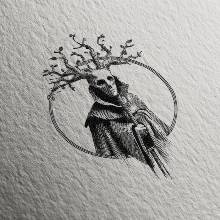 An illustration depicts a figure with a skeletal head and antler-like branches. It is framed within a circle. The monochromatic design features a textured effect, suggesting a vintage or engraving style. The artwork could be used in various commercial projects, including designs for posters and branding.の素材