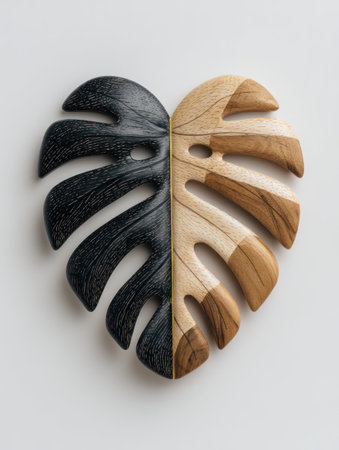 This image showcases a wooden sculpture of a monstera leaf, split down the middle with contrasting black and natural wood finishes. The composition features a symmetrical design with clean lines and soft shadows against a light background. Suitable for design projects and potentially useful for various commercial applications.の素材
