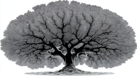 This monochrome illustration depicts a detailed tree. The artwork showcases intricate branches and a full canopy against a neutral backdrop. The style presents a textured appearance, and the lighting highlights the form. It's suitable for various commercial purposes, including editorial design and educational materials.の素材