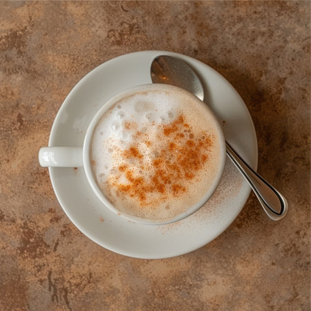 A close-up overhead shot displays a cup of coffee with foamy texture, topped with cinnamon. The white cup and saucer sit on a textured surface. A silver spoon is placed beside the cup. The image may be suitable for food blogs, restaurant menus, or advertising materials.の素材