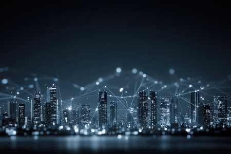 A nighttime cityscape is depicted with tall buildings and city lights. Digital lines and glowing nodes overlay the image suggesting technology or communication. The composition features a dark ambiance with a moody aesthetic that can be used for technology, business or conceptual purposes.の素材