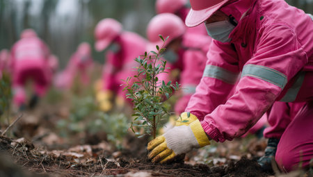 Group of individuals dressed in pink protective suits planting seedlings in an outdoor environment. The image features a shallow depth of field, highlighting the small plant. The scene uses warm tones and natural lighting. This image could be used for environmental, conservation, or community-focused editorial content.の素材