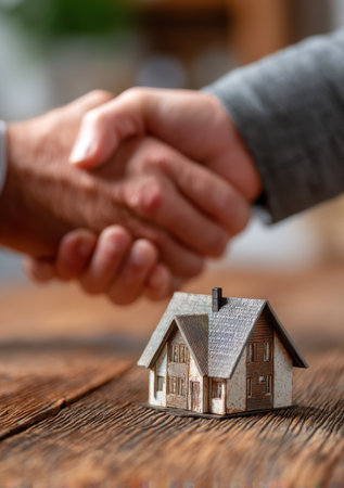 Two individuals are shaking hands over a miniature house, symbolizing an agreement. The scene features warm lighting and a natural wooden table. The composition includes a shallow depth of field, emphasizing the handshake and model home. Suitable for various uses illustrating cooperation and property concepts.の素材