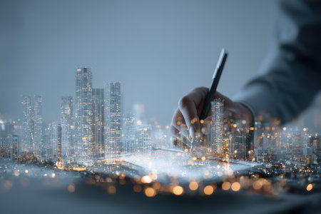 A person uses a digital tablet while a cityscape overlay is superimposed. The image features soft lighting and a cool color palette with bokeh effects. The style suggests a modern approach. Suitable for articles about technology or urban planning, this image could be used in various commercial applications.の素材