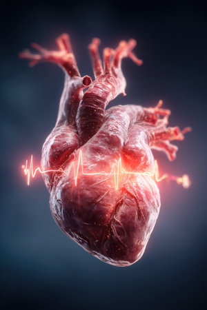This image features a detailed anatomical illustration of a human heart, highlighted by a glowing EKG. The heart has a realistic texture and color, rendered against a dark, blurred background. The composition uses dramatic lighting to emphasize the subject, creating a visually striking representation suitable for medical or educational purposes.の素材