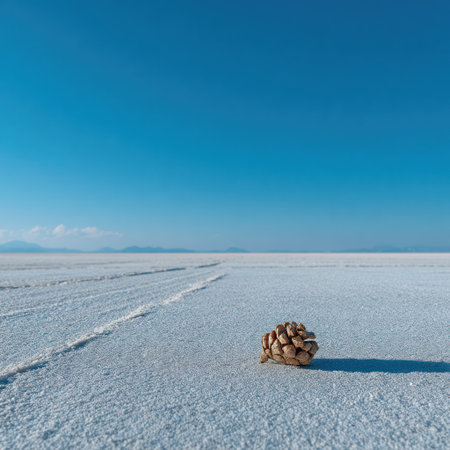 A pine cone rests on a white, textured surface, contrasted against a vivid, clear blue sky. The composition emphasizes open space and simplicity. The lighting is bright, creating a stark contrast. Suitable for editorial and commercial applications requiring imagery of nature and tranquility.の素材