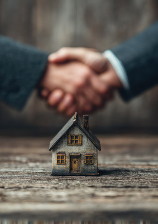 A close-up view presents a miniature house in focus, positioned on a textured surface. In the background, two individuals shake hands, blurring slightly to emphasize the foreground. The composition highlights a deal in the real estate field. This image can be used in commercial and editorial contexts related to property.の素材