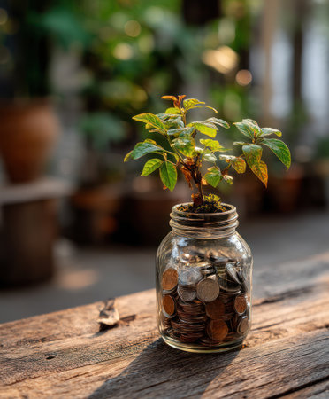 A small plant sprouts from a glass jar filled with coins, symbolizing financial growth. The image exhibits a natural aesthetic with a soft focus background. The composition uses warm colors and natural light, creating a sense of optimism. This scene may be suitable for illustrating concepts of savings, investment, and financial planning.の素材