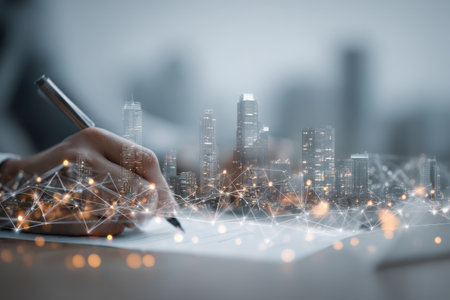 A close-up view depicts a hand using a pen to write on a sheet of paper. A digital overlay reveals a cityscape with interconnected network nodes. The image uses muted colors and soft lighting, suggesting a concept of connectivity and technology. Suitable for various commercial and editorial applications.の素材
