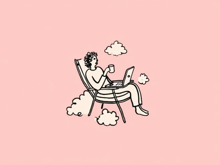An illustration depicts a person seated in a chair, using a laptop and holding a mug, amidst cloud shapes against a pink backdrop. The artwork features a simple line style with a limited color palette. This image could be used for lifestyle, work, or creative-related content, or for editorial design.の素材