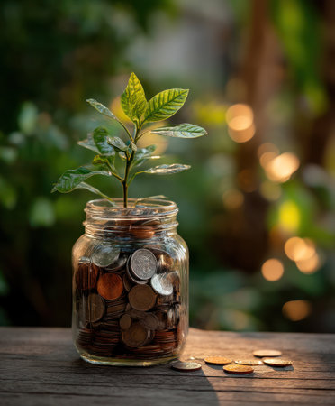 A close-up image showcases a young plant emerging from a glass jar filled with coins. The natural light illuminates the scene, highlighting the green leaves and metallic coins. This symbolic composition suggests themes of growth, investment, and financial prosperity, suitable for various commercial applications.の素材