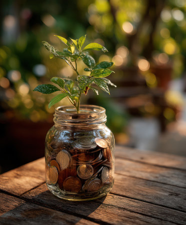 A green plant sprouts from a jar filled with coins, resting on a wooden surface. The composition features a shallow depth of field, highlighting the plant against a blurred natural background. Warm lighting suggests a daytime setting. This image is suitable for illustrating concepts of growth, investment, and financial sustainability.の素材