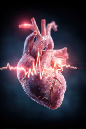 A detailed 3D rendering presents a human heart, showcased against a dark backdrop. The visual includes glowing elements that accentuate the heart's structure and the representation of a heartbeat. This image employs a professional style, well-suited for medical, educational, or scientific applications.の素材