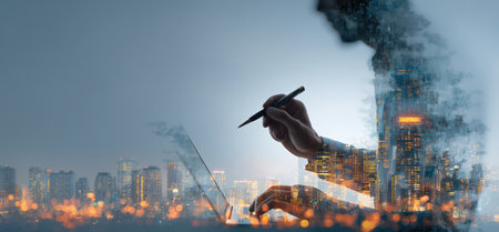 A person appears to be working on a laptop, overlaid with a cityscape. The composition features a combination of warm and cool tones, with a soft focus effect. The image may be suitable for various applications related to business, technology, and communication purposes.の素材