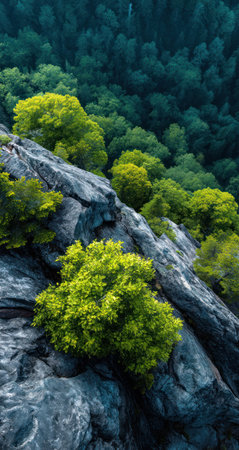 An aerial perspective captures a rocky landscape, with textures in shades of gray. Lush green trees are interspersed among the rocks, while a dense forest provides a textured background. The image, illuminated by soft lighting, offers a versatile aesthetic suitable for varied editorial and commercial projects.の素材
