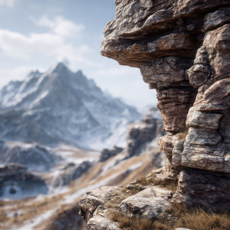 This image features a close-up of a rocky cliff in the foreground, contrasted with a distant, snow-covered mountain range. The composition uses natural light and shadow to highlight textures. It could be suitable for editorial content or commercial applications related to nature and adventure.の素材