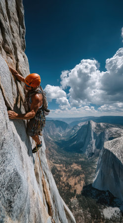 A climber ascends a massive rock face under a brilliant blue sky, demonstrating strength and determination. The image showcases the climber's agility and the rugged texture of the rock. The composition highlights the expansive landscape with mountains in the background, suitable for outdoor lifestyle publications or adventure tourism campaigns.の素材