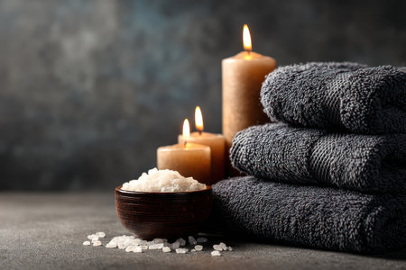 A close-up view presents a serene arrangement featuring lit candles, folded towels, and a bowl of sea salt. The image displays a soft, moody lighting, with a focus on textures. This composition may serve purposes related to health and wellness, spas, or relaxation themes, offering a sense of peace.の素材