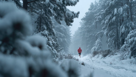 A person runs along a snow-covered trail through a forest. The composition emphasizes the contrast between the runner's red jacket and the white environment. The image is captured with soft lighting, suggesting a cold day. Suitable for various applications, including editorial and marketing.の素材