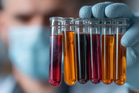 A scientist wearing a medical mask and blue gloves is holding a collection of test tubes. The tubes contain various colorful liquids. The image shows a close-up focus on the tubes, highlighting the colors. This composition could be used for scientific articles, educational materials or health-related publications.の素材