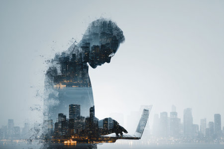 A silhouette of a person using a laptop is overlaid with a cityscape. The image features a grayscale palette with varying tones and transparency, creating a composite effect. The composition uses a high-angle perspective, and the lighting suggests a day setting. This image is potentially suitable for technology, business, or conceptual projects.の素材