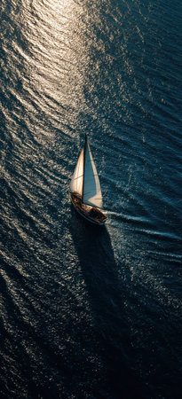 An overhead view captures a sailboat navigating open water. The vessel's sails are filled by the wind. Deep blue hues of the sea contrast with the bright sunlight reflecting on the water's surface. This image is suitable for various commercial uses, including travel and adventure themes.の素材