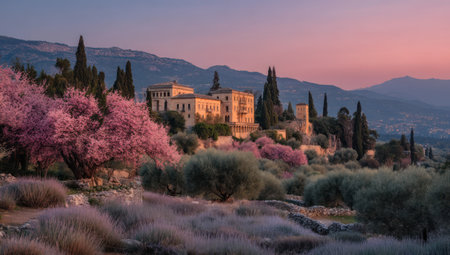An establishing shot captures a building nestled amongst rolling hills under a colorful dusk sky. The scene features various trees and blooming flora. The composition, lit by soft light, suggests a peaceful environment. Suitable for a range of commercial and illustrative applications.の素材