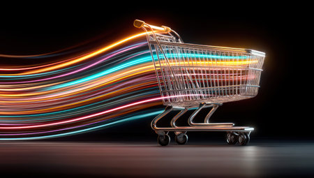 An image features a shopping cart against a black backdrop, with vibrant, multicolored light trails emanating from it. The composition utilizes a low-angle perspective. The style suggests digital rendering. The scene evokes movement and speed, which makes it suitable for uses related to commerce, online sales, and technology.の素材