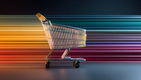 A metallic shopping cart is centered against a backdrop of colorful motion blur. The composition features a dynamic, abstract style with streaks of yellow, orange, blue and purple. Ideal for illustrating retail, online shopping, and consumerism concepts, it suggests speed and change. Could be used in commercial and editorial contexts.の素材