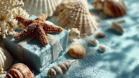 An assortment of seashells, a starfish, and a small blue gift box are arranged on a textured surface. The scene features various shell shapes and sizes in warm tones with a splash of color. This composition evokes a beach setting and might be suitable for decorative or thematic projects.の素材