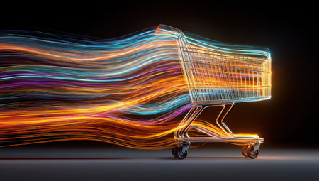 An illuminated shopping cart is presented with dynamic light trails. The artwork features a dark background and emphasizes speed and movement with lines in orange, blue and purple. This image illustrates a concept related to commerce and online sales and may be used for marketing material.の素材