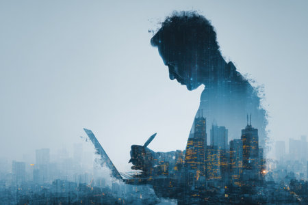 A silhouette depicts a person working on a laptop, overlaid with a cityscape. The image features shades of blue and gray, creating a sense of depth and mystery. The composition emphasizes the contrast between the figure and the urban backdrop. Suitable for editorial and commercial use, such as illustrations and articles.の素材